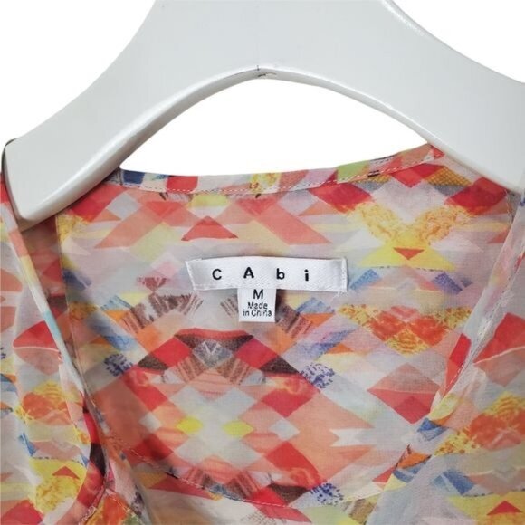 CABI Womens Blouse Medium Sheer Tunic Aztec Tribal Native Print‎ Orange Pink - Picture 4 of 12